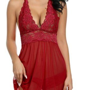Dark Red Lingerie Lace Babydoll Strap Chemise Halter Teddy V Neck